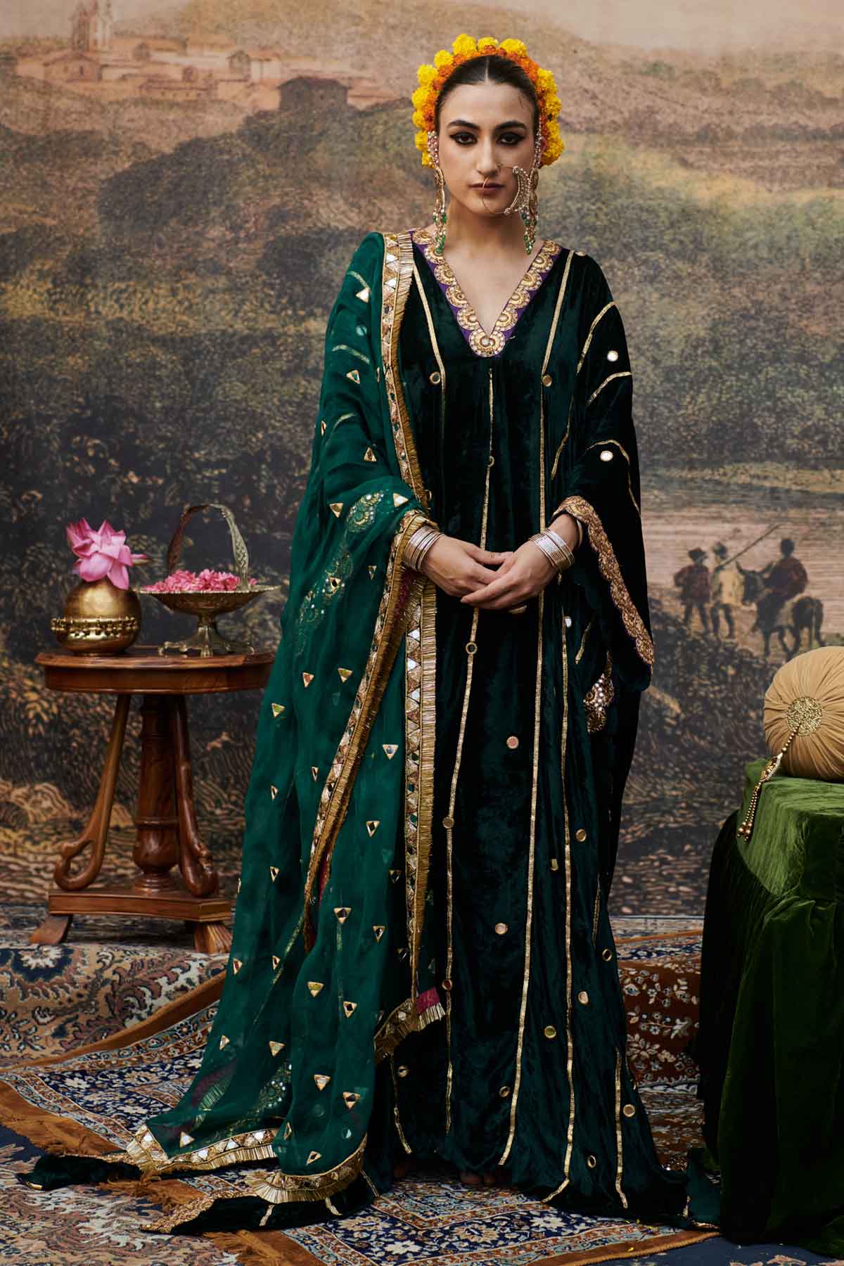 Buy ITRH, Designer Green Velvet V-Neck Long Kaftan Online